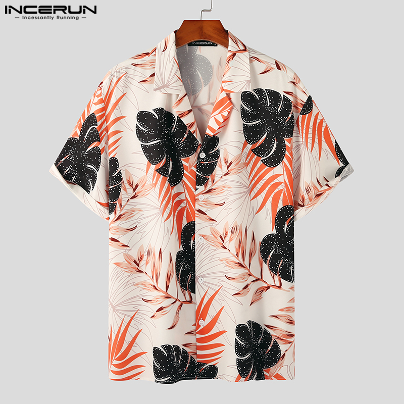 INCERUN Mens Collared V-Neck Shirt Short Sleeve Floral Printed Blouse Button Up Tops Tee