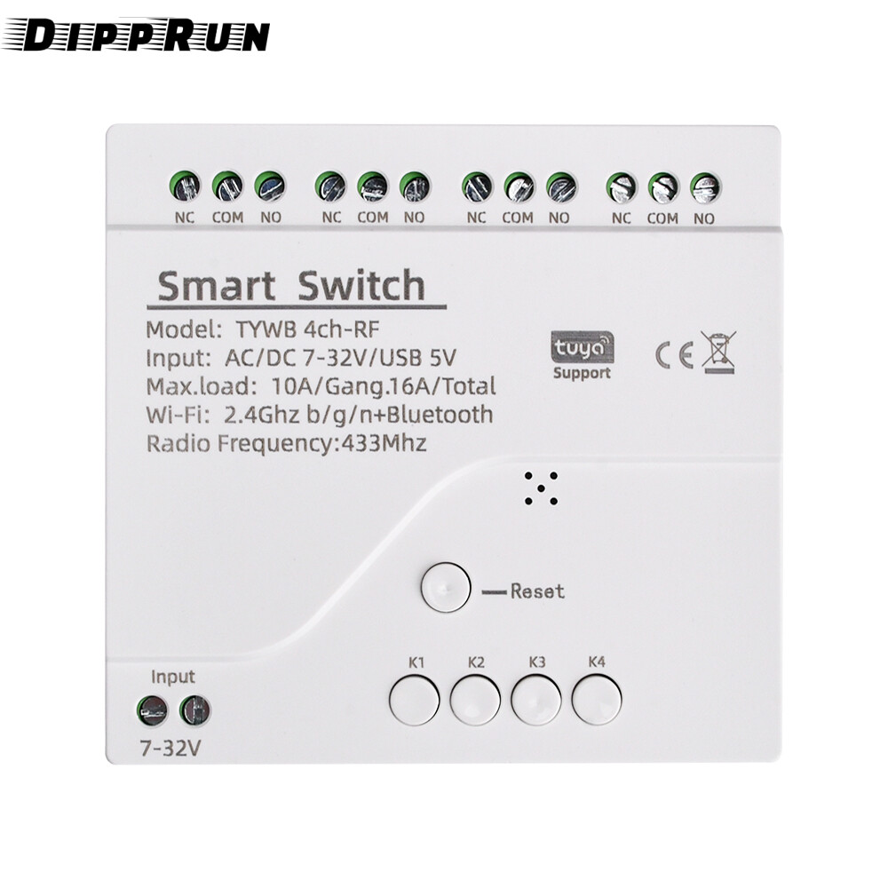 DIPPRUN 5V/DC7-32V Smart Wifi Motor Switch Module RF 433 Radio Remote Control 4 Channels Inching Relay