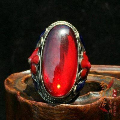 Antiques Qing Dynasty Red Zircon Ring Face Old Silver Inlaid Opening Silver Ring Sterling Silver Ring Silver Jewelry