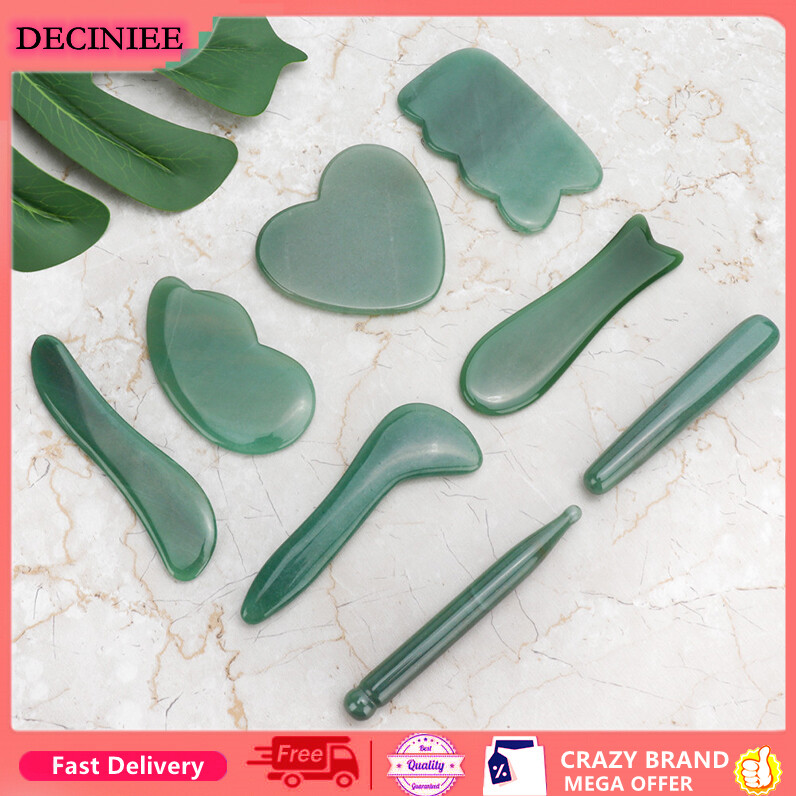 DECINIEE 8 Pcs / 1 Set Natural Aventurine Jade Green Quartz Jade Guasha Board Natural Stone Scraper Chinese Gua Sha Tools For Face Neck Back Body Acupuncture Pressure Therapy