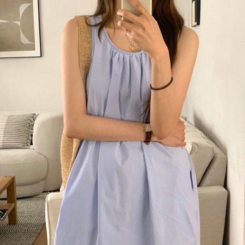 韩版nuovpaul别致夏季气质宽松纯色无袖背心连衣裙女长裙