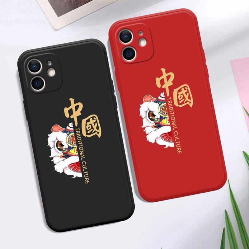 เคสโทรศัพท์ลายสิงโตจีนสำหรับ iPhone,เคสหุ้มซิลิโคนเหลวพร้อมสาย