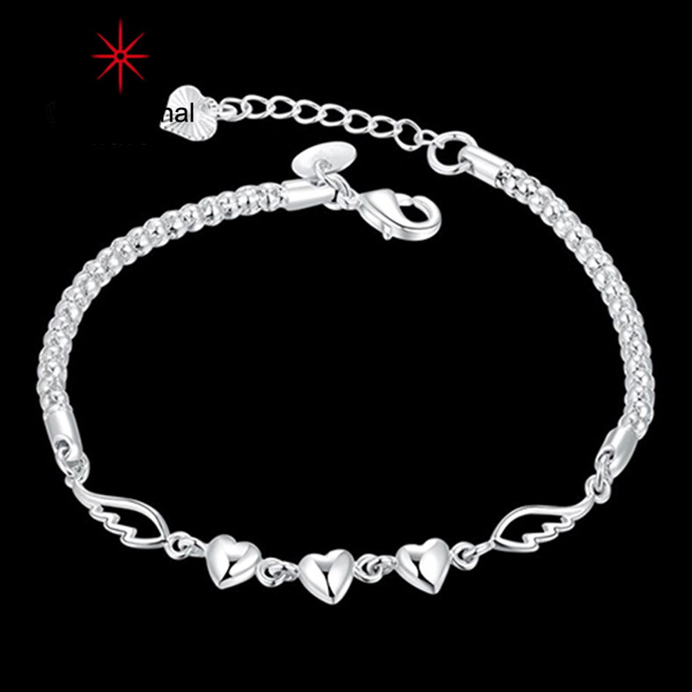 Gravitational wave Women's 925 Sterling Silver Charm Love Heart Wings Bracelet Cuff Bangle Jewelry
