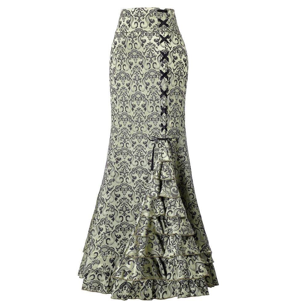 Wanita Punk Retro Rok Putri Duyung Vintage Panjang Bodycon Kerut-kerut Rok Ekor Ikan