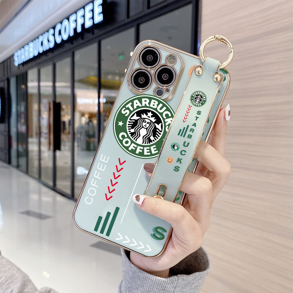 (With Wristband) Hontinga Casing Case For iphone 16 Pro Max Plus 5G 11 Pro Max 12 Mini 12 Pro Max 13 Mini 13 Pro Max Case Cartoon Cute Starbucks Luxury Chrome Plated Soft TPU Square Phone Case Full Cover Camera Protection Anti Gores Rubber Cases For Girls