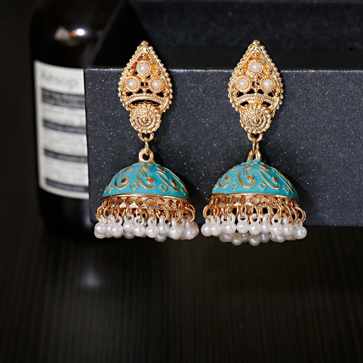 Boho Indian Jhumka Earrings Egypt Thailand White Pearl Bead Tassel Golden Carved Drop Dangle Earrings For Women Wedding Jewelry Gifts