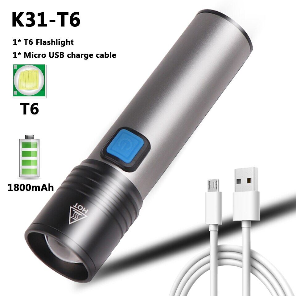 XM-L T6 Built-in USB Rechargeable Battery LED Flashlight Zoomable ...