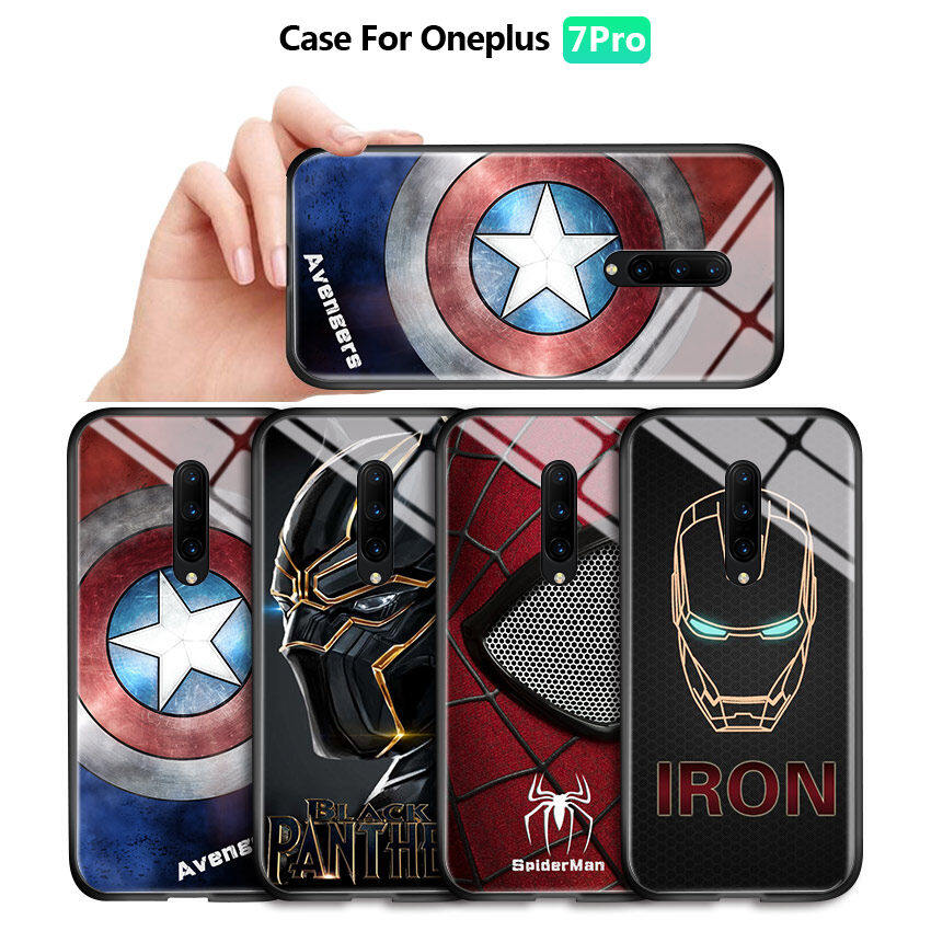 Hontinga Casing Case For Oneplus 7 Pro Case Marvel Phone Case For boys The Superhero For man Case Captain America Ironman Spiderman Tempered Glass Back Casing Cover Hard Case