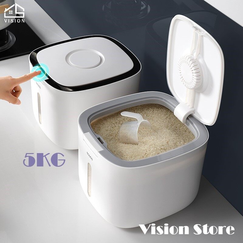 Vision 5/10KG Rice Storage Bucket Household Grains Flour Sealed Dispenser Anti-moisture and Insect-Proof Rice Measurable Container Kitchen Sealed Storage Box Tank With Lid PP Safe Mmaterial