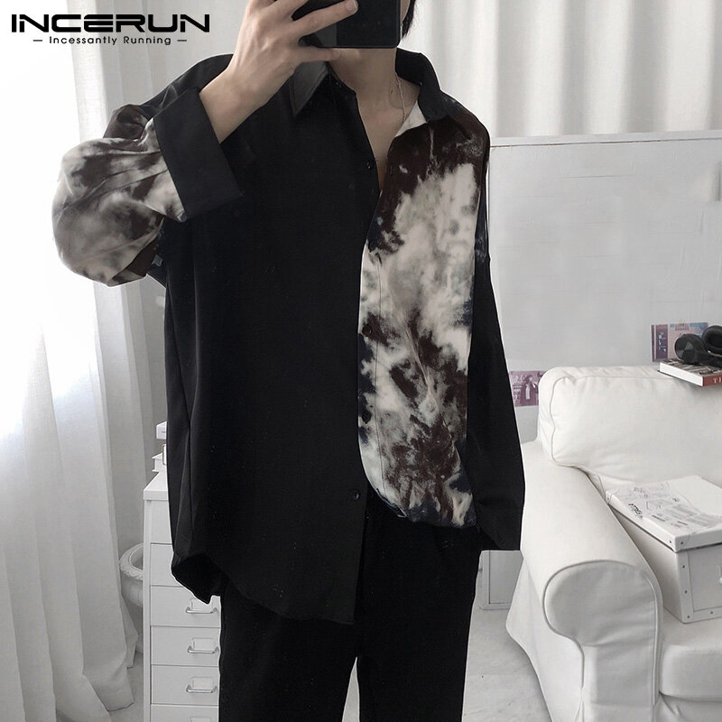 (Korea Style) INCERUN Fashion Mens Long Sleeve T Shirt Floral Printed Causal Loose Blouse Tops Tee