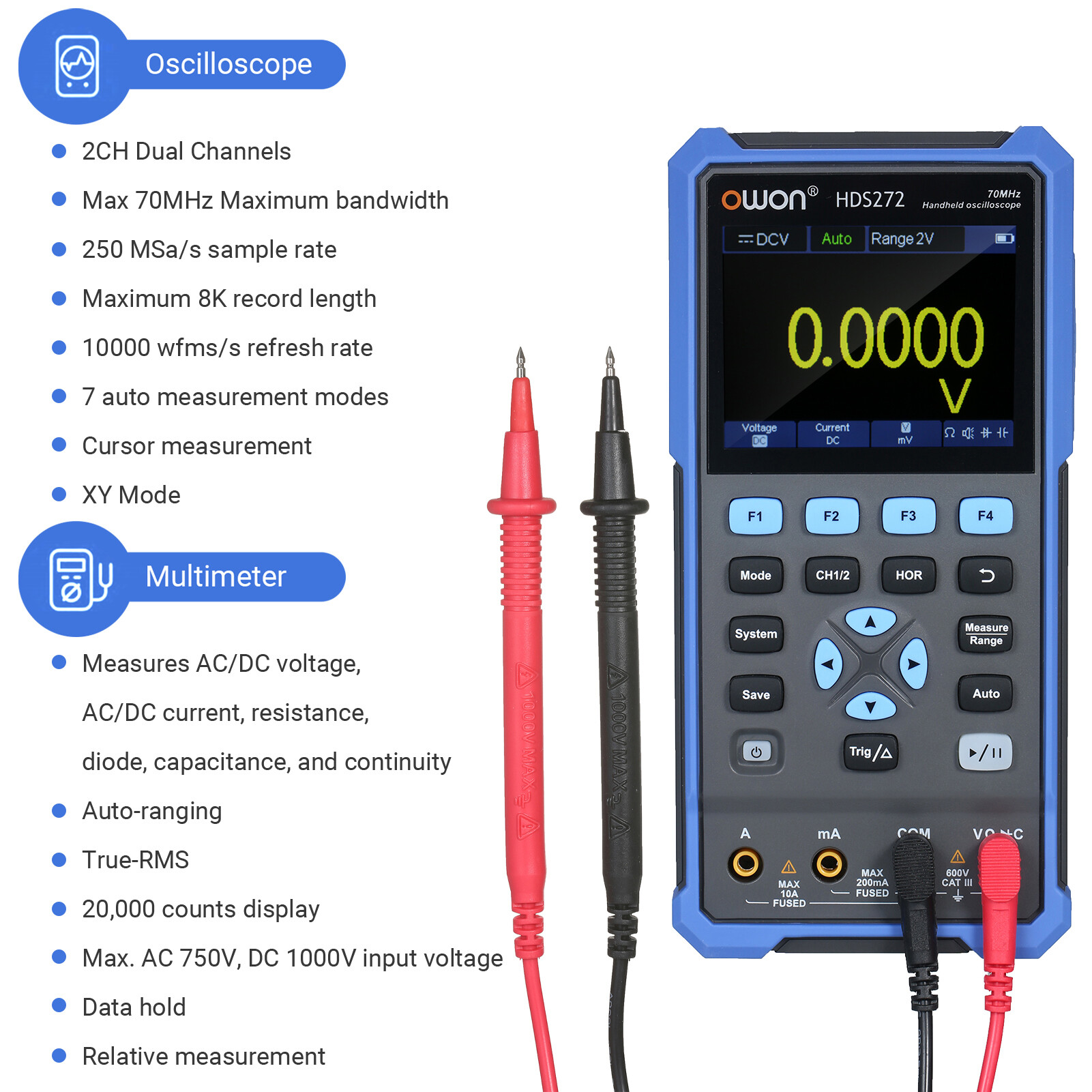 Smart Sensor Đồng Hồ Vạn Năng Dao Động Cầm Tay 2 Trong 1 OWON Đồng Hồ Vạn Năng Dao Động Phòng Thí Nghiệm 2 Kênh Đồng Hồ Vạn Năng True-RMS Kỹ Thuật Số Với Băng Thông 70 MHz 250MSa/S Màn Hình LCD Màu 3.5 Inch Cho Âm Thanh Xe Hơi Đồ Điện Tử Ô Tô
