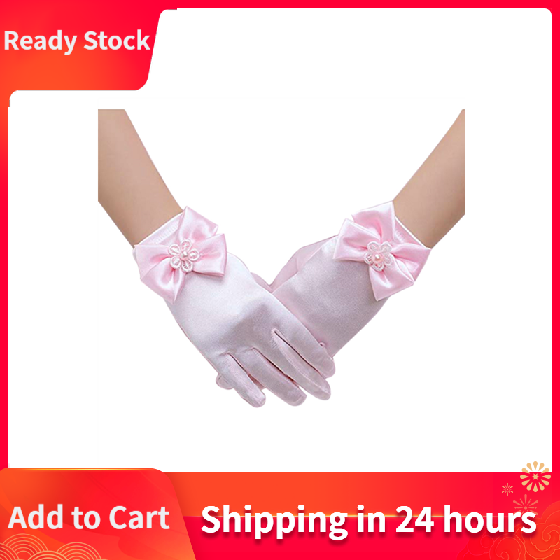 Kid Princess Gloves FlowerGirl Short Gloves With Satin Bow Stretch Mesh GlovesHG