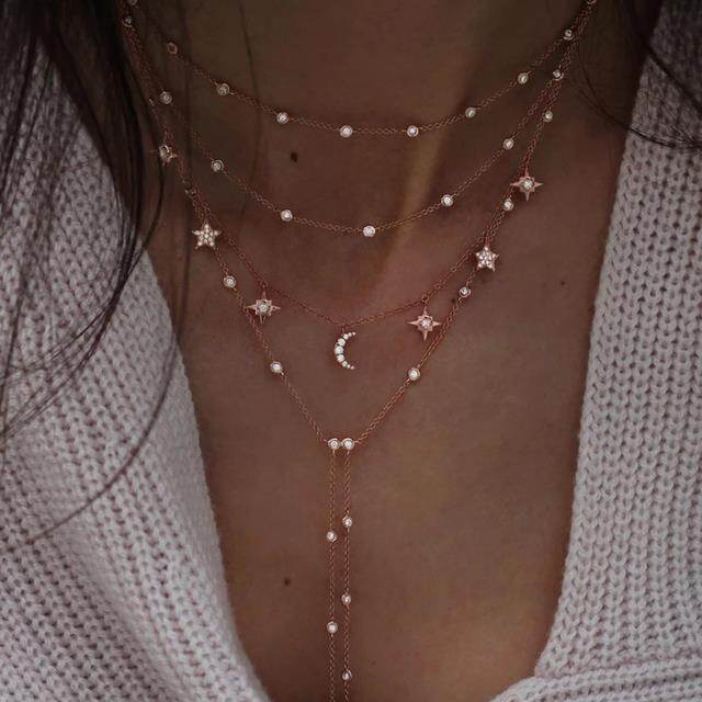 New Vintage Crystal Geometry Star Moon Lock Necklace For Women 2020 Boho Multi-level Pendants Necklaces Chokers Jewelry Gift