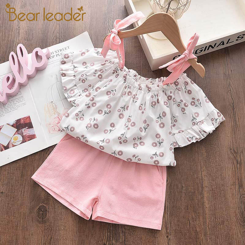 Bear Leader Kids Girl Dresses 2023 New Summer Cute Children Clothing Suits Fashion O-Neck Sling Off-the-shoulder Tops Children's Clothes Sets Floral Top + Short Pant Set For Girls Butterfly Sleeve Children Clothing 2-6Y