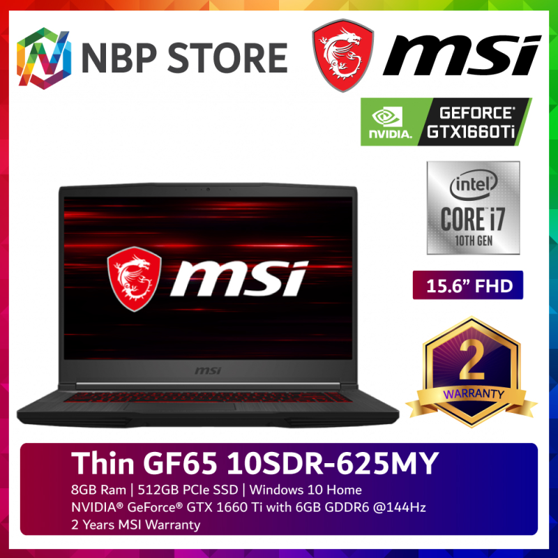 MSI Thin GF65 10SDR-625 15.6 FHD 144Hz Gaming Laptop ( i7-10750H, 8GB, 512GB, GTX1660Ti 6GB, W10 ) Malaysia