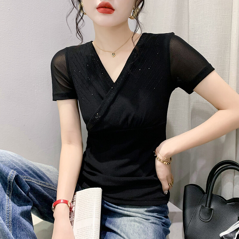 YIMEI Áo Thun Nữ Đẹp Quảng Châu Áo Phông Tay Ngắn Cổ Chữ V Kim Cương Nổi Bật Áo Phông Lưới Hở Áo Lót Cà Phê Thời Trang Nữ Ôm Vừa