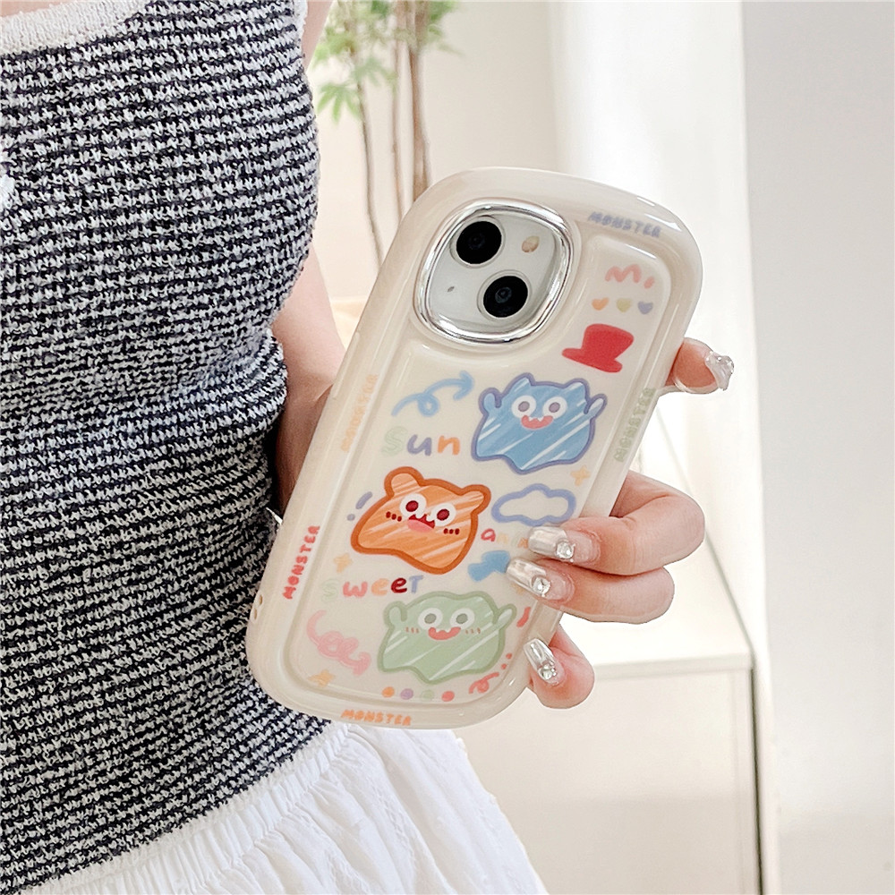 High Quality Electroplating Case for IPhone 11 12 13 14 Pro Max Casing Cute Cartoon Colorful Graffiti Monster Back Cover Couple Shockproof Phone Case