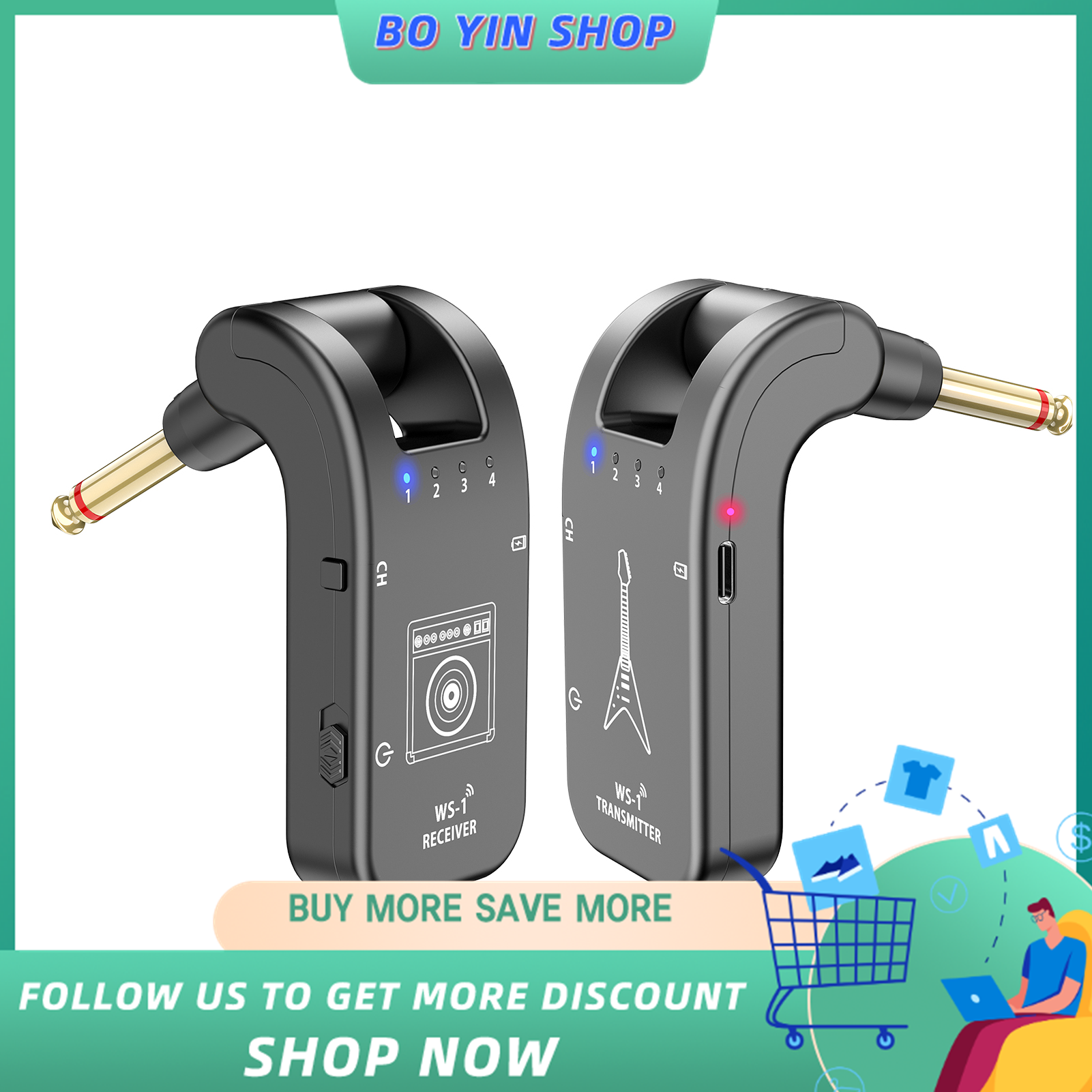 WS-1 2.4GHz Wireless Guitar System Rechargeable Audio Transmitter and Receiver 4 Channels 30m Transmission 282º Rotatable Head 5H Endurance for Electric Guitar Bass Violin