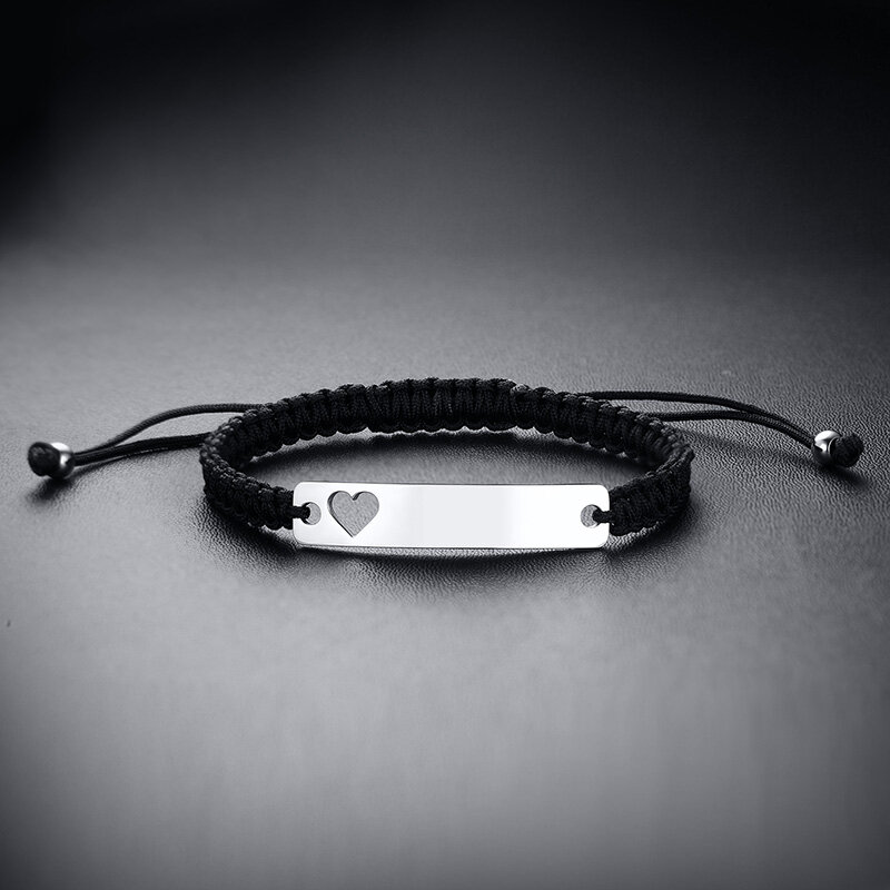 Vnox Customized Personalized Engrave ID Name Date Women Men Braided Rope String Bracelet Charm Hollow Heart Mother Girlfriend Gift