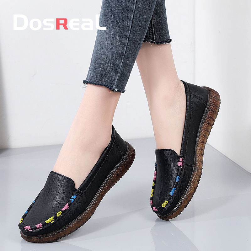 DOSREAL Leather Flats Loafers Shoes for Women On Sale Original Koarean Style Slip On Female Doll Shoes Soft Rubber Flats Loafers For Laides Black White 鞋子女百搭