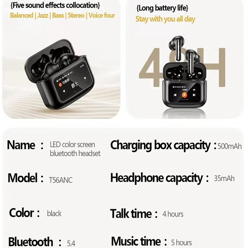 Awei T56 ANC Large color Screen AI Intelligent Translation Bluetooth earphone -35dB EQ model selection bluetooth 5.4 with Earphones search Wallpaper selection Spatial sound effect selection wireless earbuds