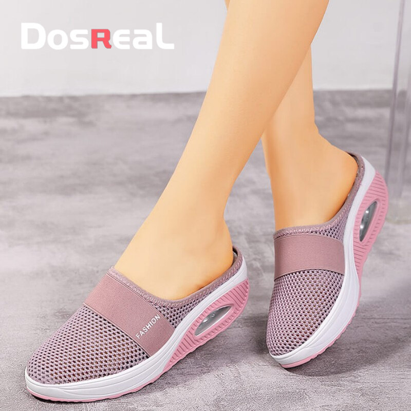 DOSREAL Wedge Slippers for women On Sale Korean Half Shoes with Heel Soft Leather Lightweigt Wedge Mules for Ladies Platform Slippers Big Size 35-42