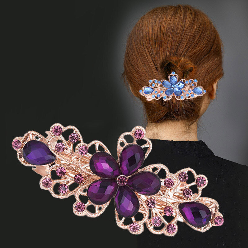 Crystal Flower All-match Top Clip Spring Clips Rhinestone Alloy Hair Clip Women's Korean Hair Accessories