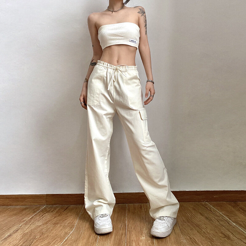Simon Summer Ladies Cool Retro Loose Low Waist Button Pocket Trousers Comfortable Casual Everyday Bottoms Cargo Pants Overalls