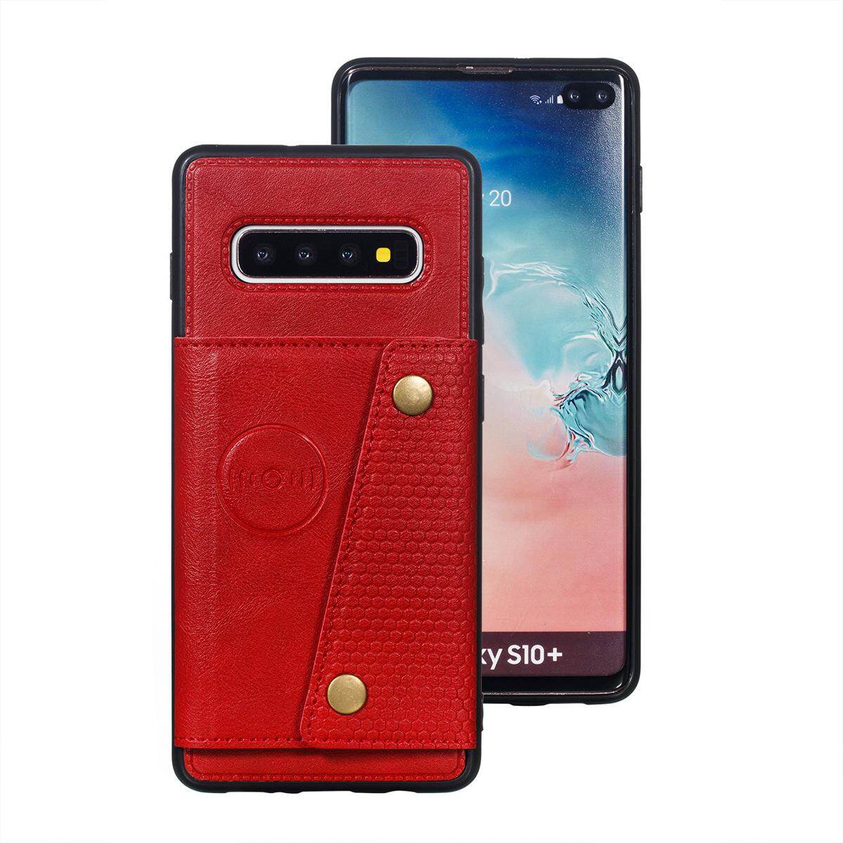 Cho Samsung s10plus S10 + da trường hợp nhiều Folio lật Bìa Wallet trở lại trường hợp vỏ, có thể làm việc với gắn trên xe hơi, ẩn thẻ tín dụng ID khe giữ, retro nút kim loại clasp, đứng hỗ trợ
