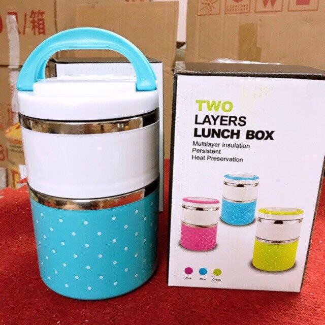 Cà mên chấm bi ruột inox 2 ngăn size to 14cm