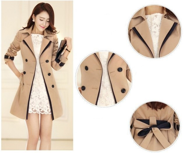 Women Thin Trench Coat Turn-down Collar Double Breasted Patchwork spell color Trench Slim Plus Size Wind coat