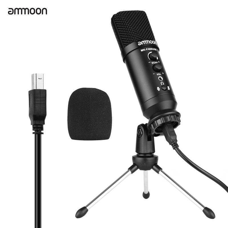 Ammoon USB Condenser Microphone Bộ Mic Máy Tính Với Giá Đỡ Ba Chân Kim Loại Để Bàn Mini Kính Chắn Gió Cáp USB Để Ghi Âm Nhạc Trực Tiếp Phát Trực Tiếp Trò Chơi Giảng Dạy Cuộc Họp Hát Trực Tuyến