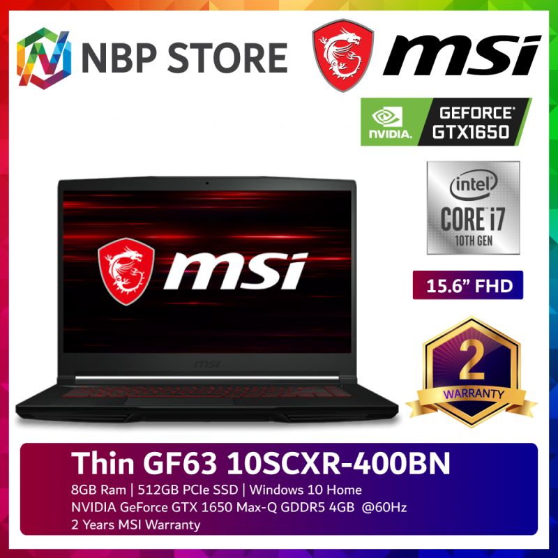 MSI Thin GF63 10SCXR-400BN 15.6 FHD Gaming Laptop ( i7-10750H, 8GB, 512GB SSD, GTX1650 Max-Q 4GB, W10 ) Malaysia
