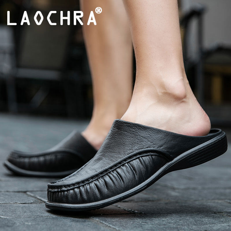 LAOCHRA Fashion Men Shoes Slip On Leather Men Casual Shoes Half Slippers Loafers Black White Summer Shoes For Men