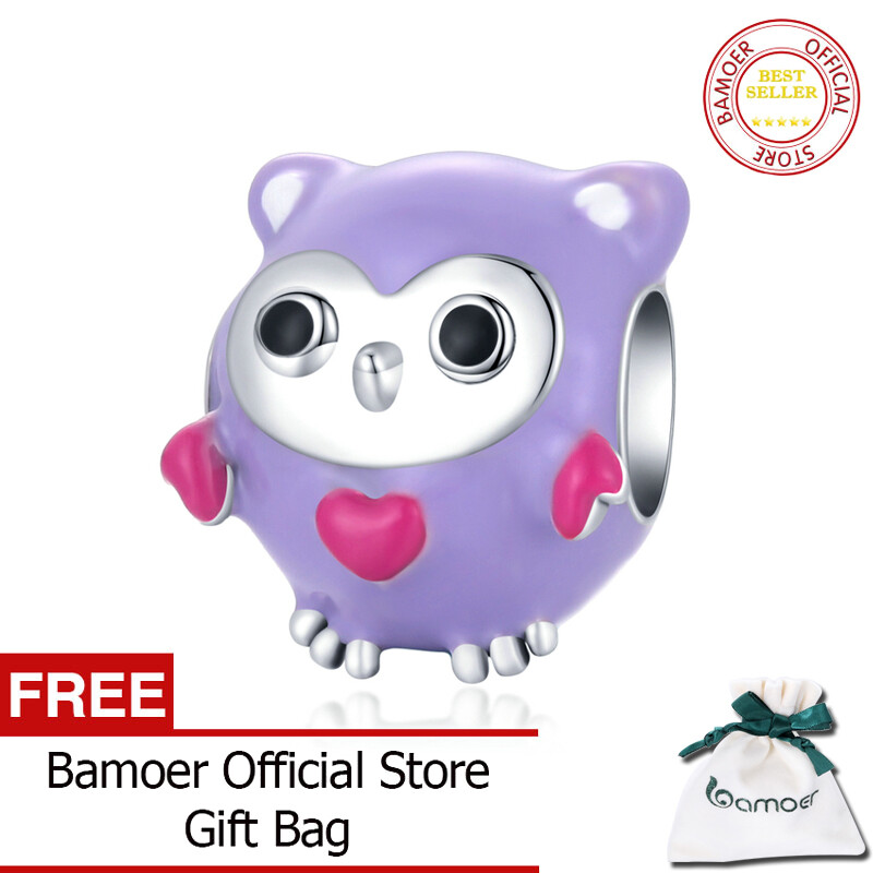 BAMOER 925 Sterling Silver Cute Enamel Cartoon Charm Purple Fun Owl Bead Panda Deer Bead Rainbow Bird Pendant for Bracelet DIY SCC1932