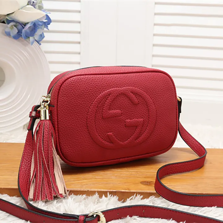 red leather handbag