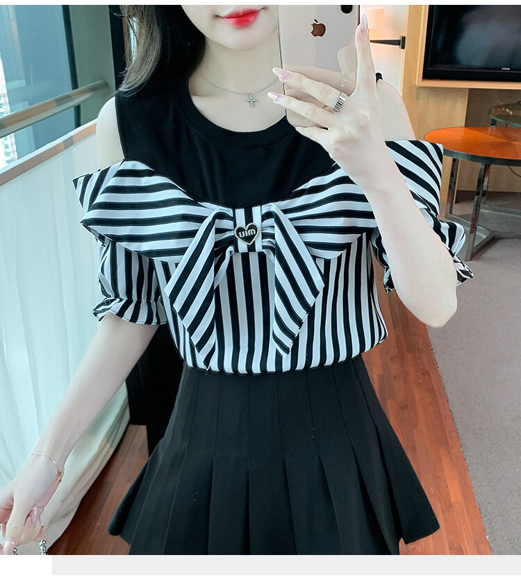 2023 Summer New Bow Tie Off Shoulder Short Sleeve Top