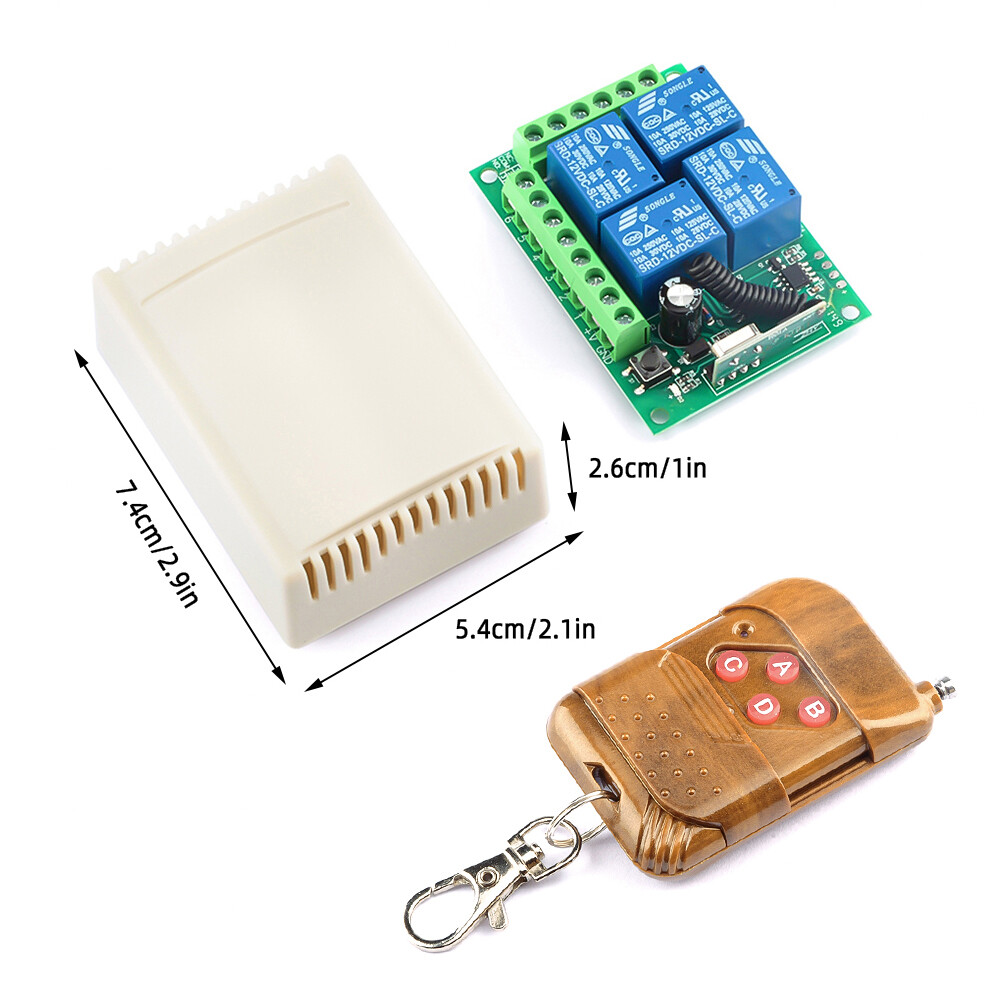 DC12V 433MHz peach wood 4-key ABCD remote control switch learning type DC four-way intelligent wireless control module relay receiver built-in battery