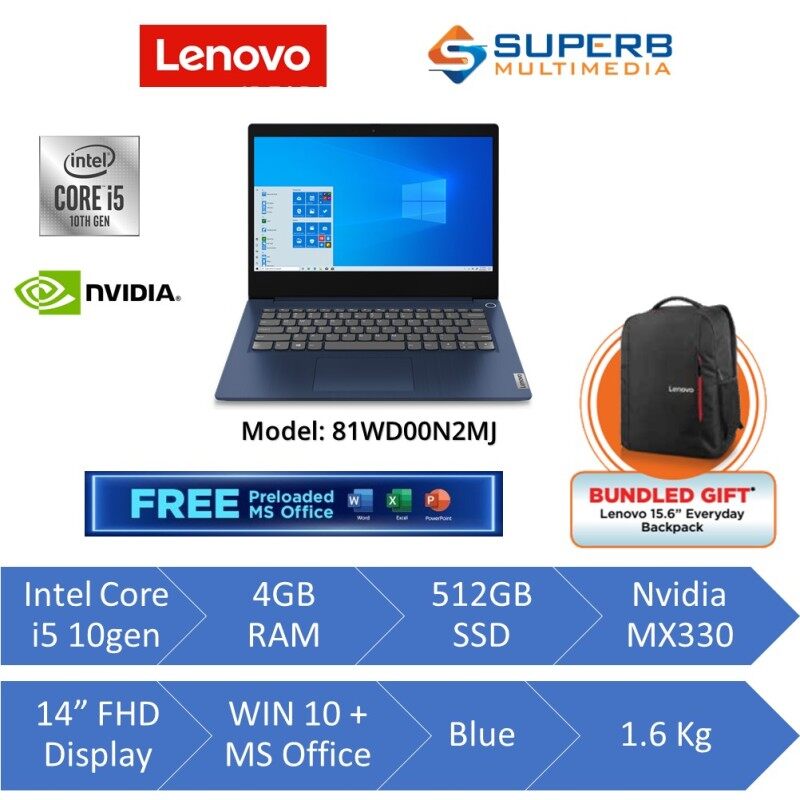 Lenovo IP3 81WD00N2MJ Laptop (Intel core i5, 4gb ram, 512gb ssd, Nvidia MX330, 14 FHD, Win10, OPI, Blue) Malaysia