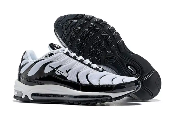 Stok Tersedia Pria NIKE_Air Max 97 Plus TN Bersama Campuran Air Tunggal Shockproof Sport Sepatu Lari PutihHitam Sepatu Gunung Stok Tersedia Pria NIKE_Air Max 97 Plus TN Bersama Campuran Air Tunggal Shockproof Sport Sepatu Lari PutihHitam Sepatu Gunung