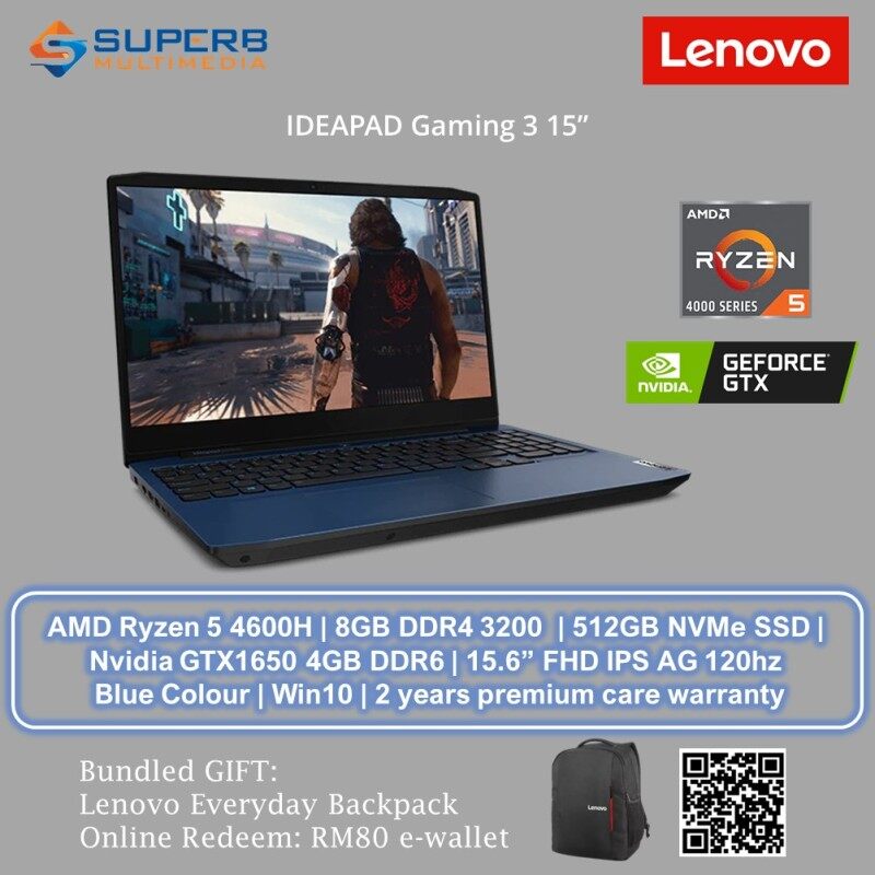 Lenovo Ideapad Gaming 3 15 (AMD Ryzen 5 4600H, 8GB DDR4 3200 RAM, 512GB NVMe SSD, Nvidia GTX1650 4GB DDR6, 15.6 Inch FHD IPS AG 120Hz, Win10, Blue) Malaysia