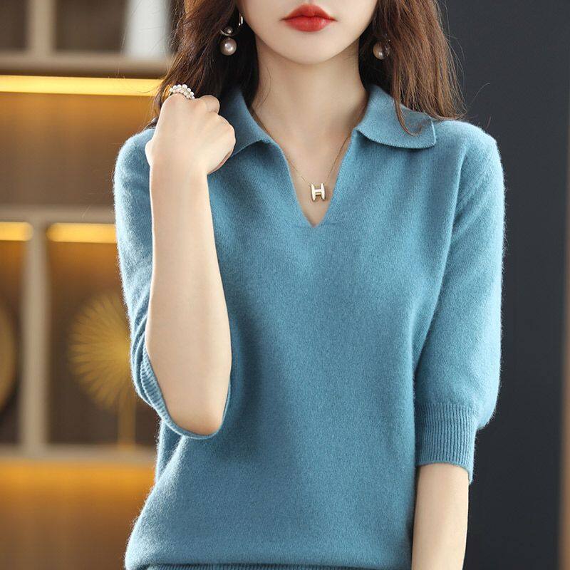 Áo Len Chui Đầu Màu Trơn Cổ Chữ V Thời Trang Quần Áo Nữ Áo Thun Dệt Kim Áo Thường Ngày Tay LửNg Áo Dệt Kim Cơ Bản Dáng Rộng Cho Nữ
