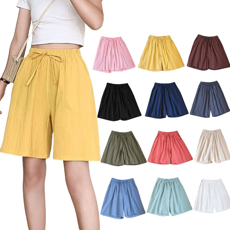2024 Summer Plus Size M-3XL Cotton Linen Five-point pants Shorts For women Casual Elastic Waist High Waist Shorts Women's Solid Color wide-leg pants Loose Beach Shorts Outdoor Sports Students Shorts