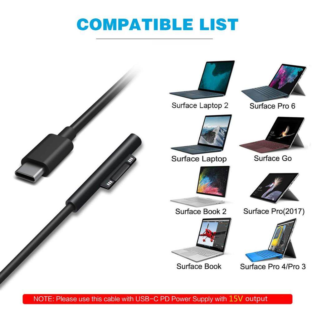 Cáp Sạc USB-C Cho Máy Tính Xách Tay Microsoft Surface, Surface Book 2, Surface Pro 6/ Pro 5/Pro 4/Pro 3, Surface Go, Surfac 6ft/1.8M