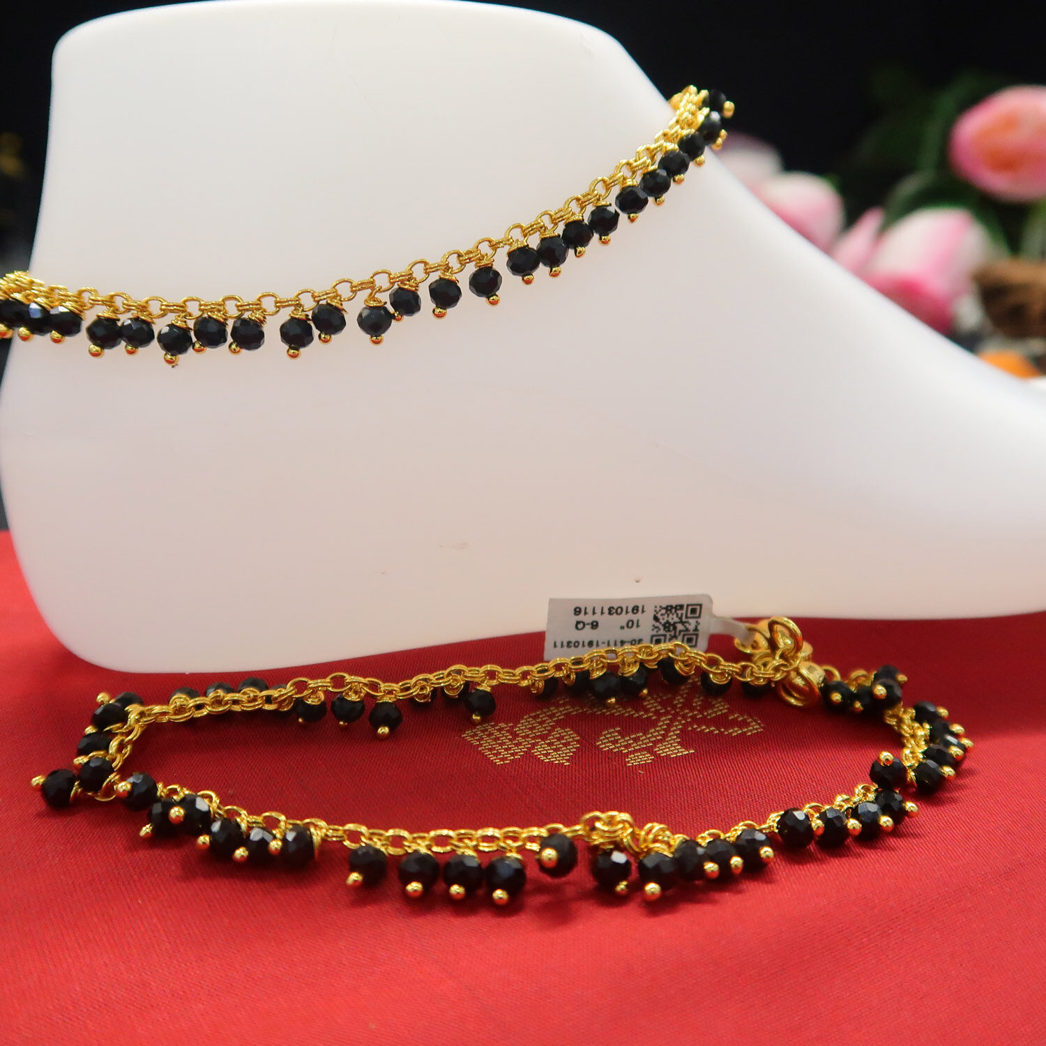 Gold anklet with deals black beads