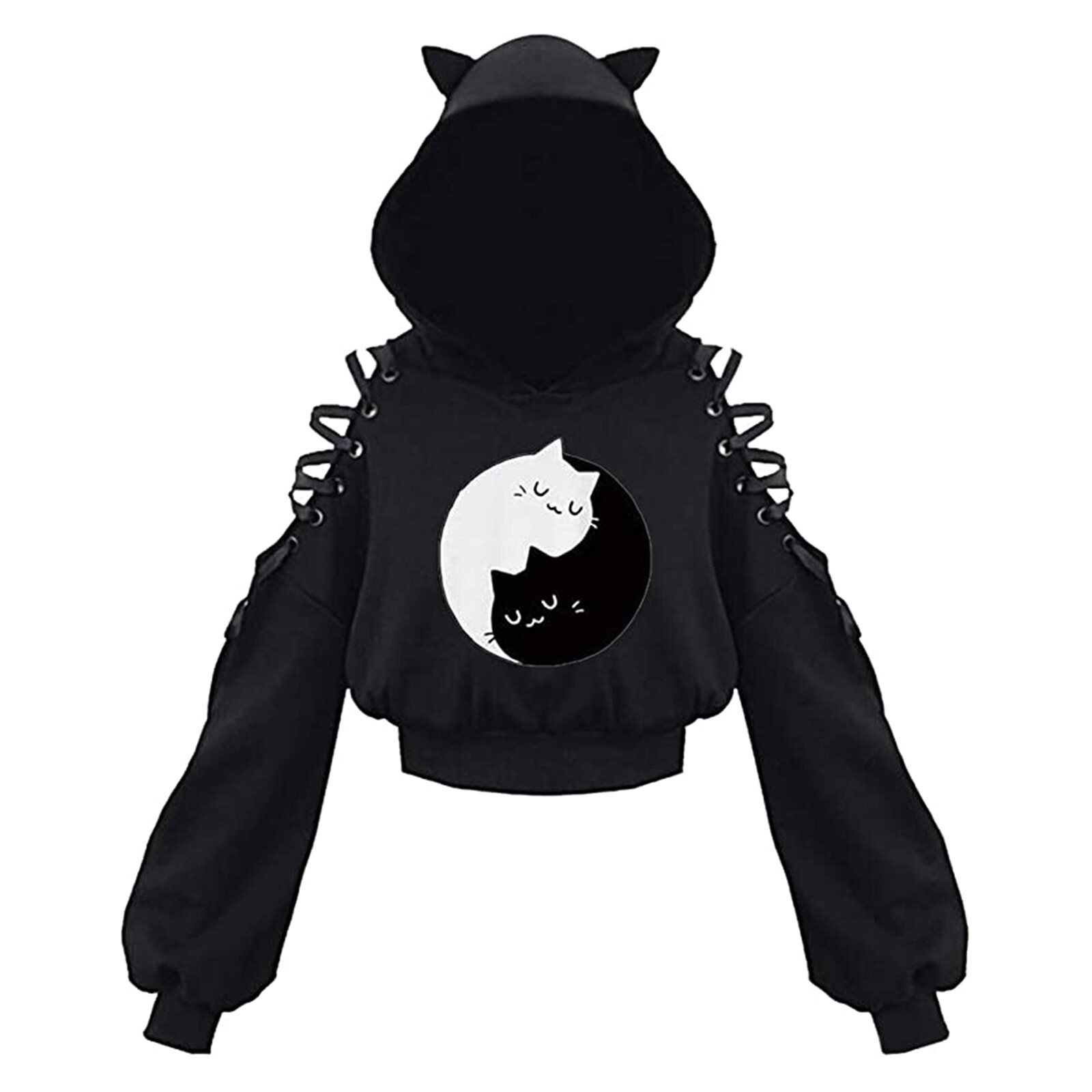 Womens Long Sleeve Cute Cat Ear Pullover Hoodie Crop Top Gothic Cold Shoulder Lace Up Y2k E-Girl Oversized Sweatshirt