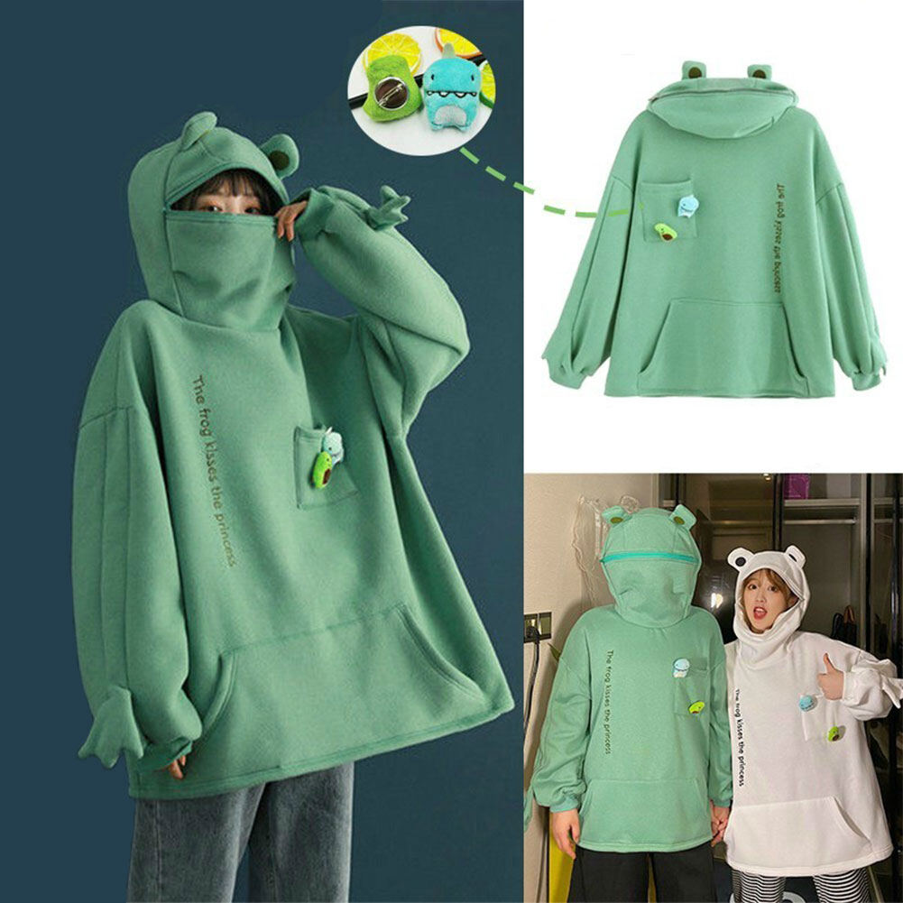 LM Women Lovely Hoodies Frog Hooded Long Sleeve Solid Fleece Sweatshirts Lady Preppy Casual Pullovers