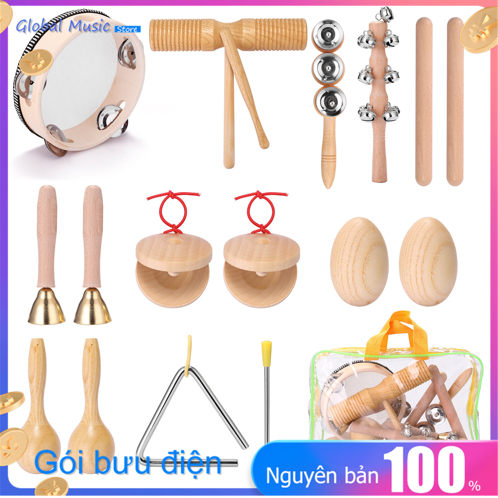 13pcs Children Hand Percussion Instruments Kit Portable Kids Music Enlightenment Musical Instruments Set
