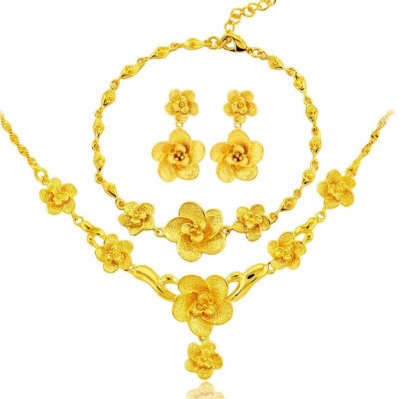 T-B Laotian Sand Gold Vintage Flowers and Gold-plated Jewelry Set of Three Pieces Necklace Bracelet Earrings Female Bride Wedding Gift