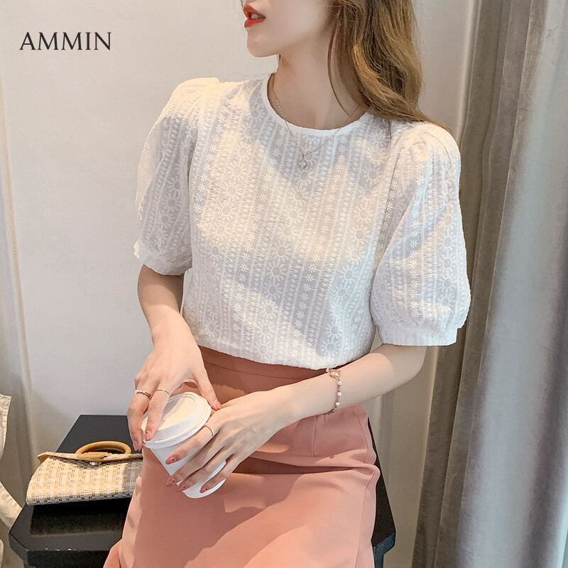 AMMIN Tops 2023 new retro French round neck small fresh puff sleeve elegant temperament blouse women's summer personality design short-sleeved embroidered flower chiffon shirt